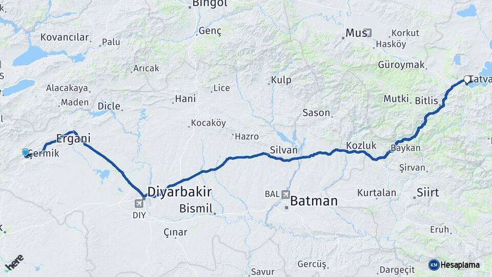 Diyarbakır Çermik Tatvan Bitlis Arası Kaç Km - Yol Haritası