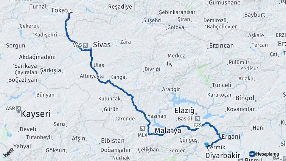 Diyarbakır Çermik Tokat Arası Kaç Km - Yol Haritası