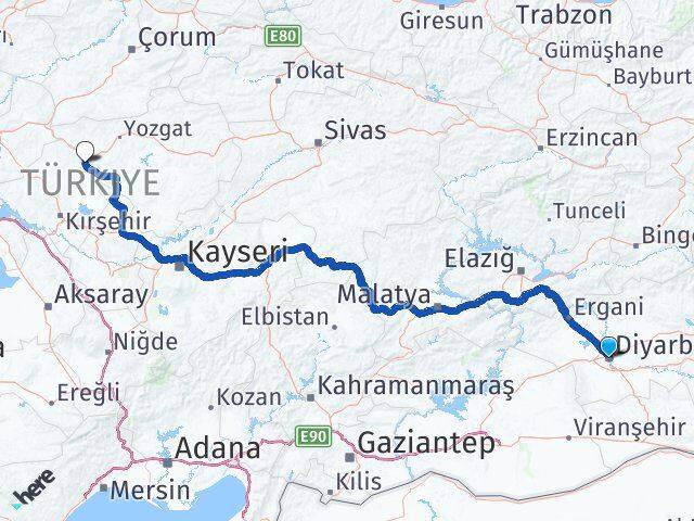 Diyarbakır Çiçekdağı Kırşehir Arası Kaç Km - Yol Haritası