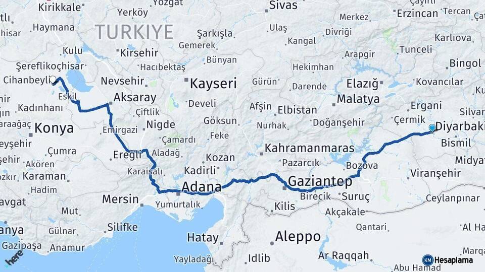 Diyarbakır Cihanbeyli Konya Arası Kaç Km - Yol Haritası