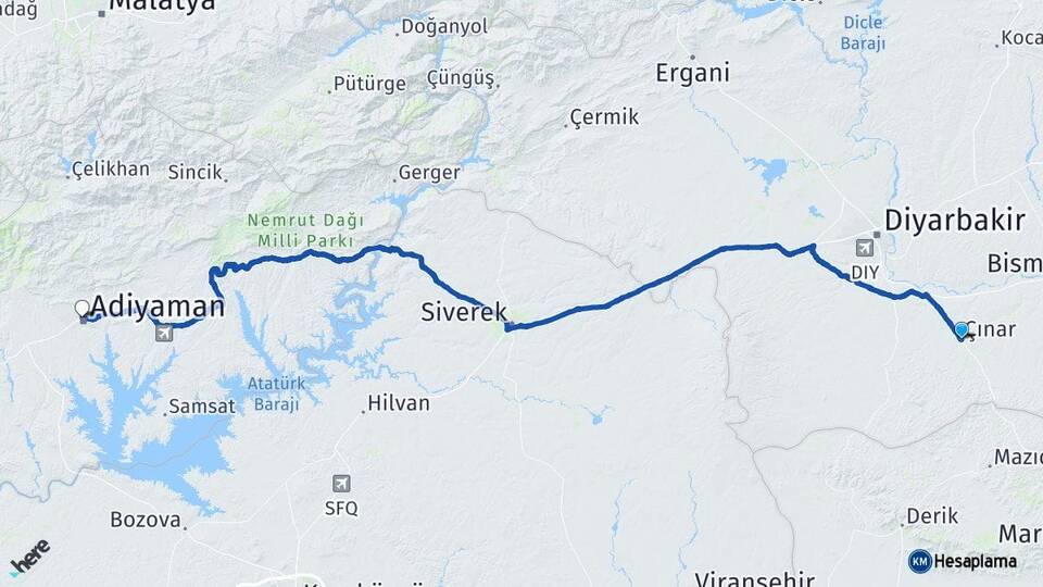 Diyarbakır Çınar Adıyaman Arası Kaç Km - Yol Haritası