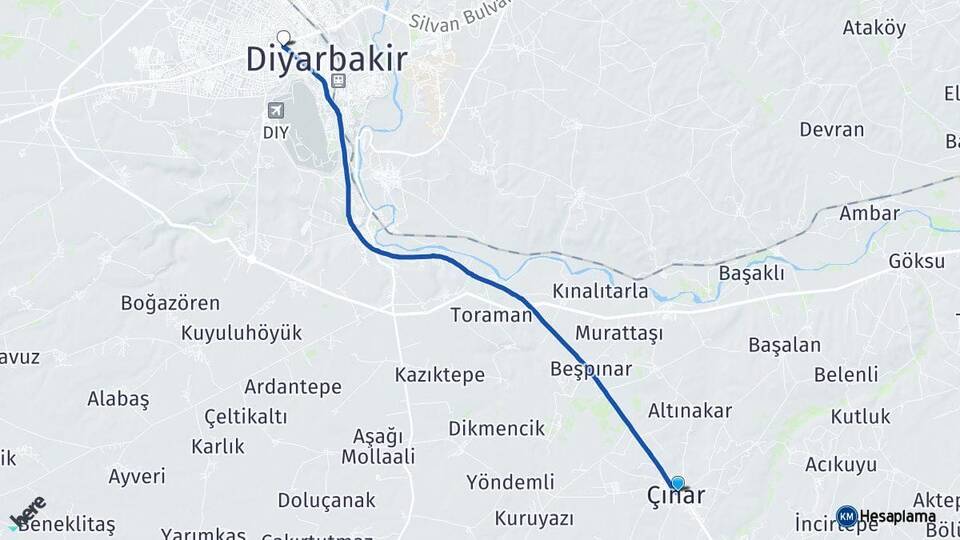 Diyarbakır Çınar Bağlar Arası Kaç Km - Yol Haritası