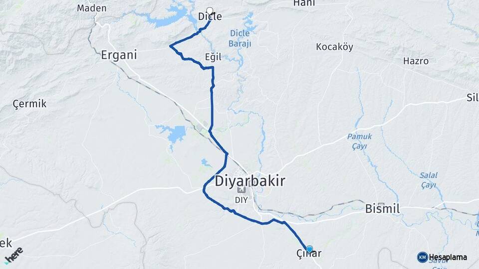 Diyarbakır Çınar Dicle Arası Kaç Km - Yol Haritası