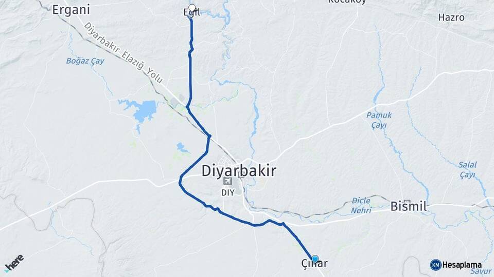 Diyarbakır Çınar Eğil Arası Kaç Km - Yol Haritası