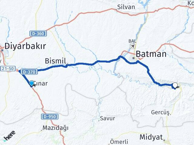 Diyarbakır Çınar Hasankeyf Batman Arası Kaç Km - Yol Haritası