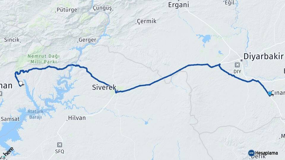 Diyarbakır Çınar Kahta Adıyaman Arası Kaç Km - Yol Haritası
