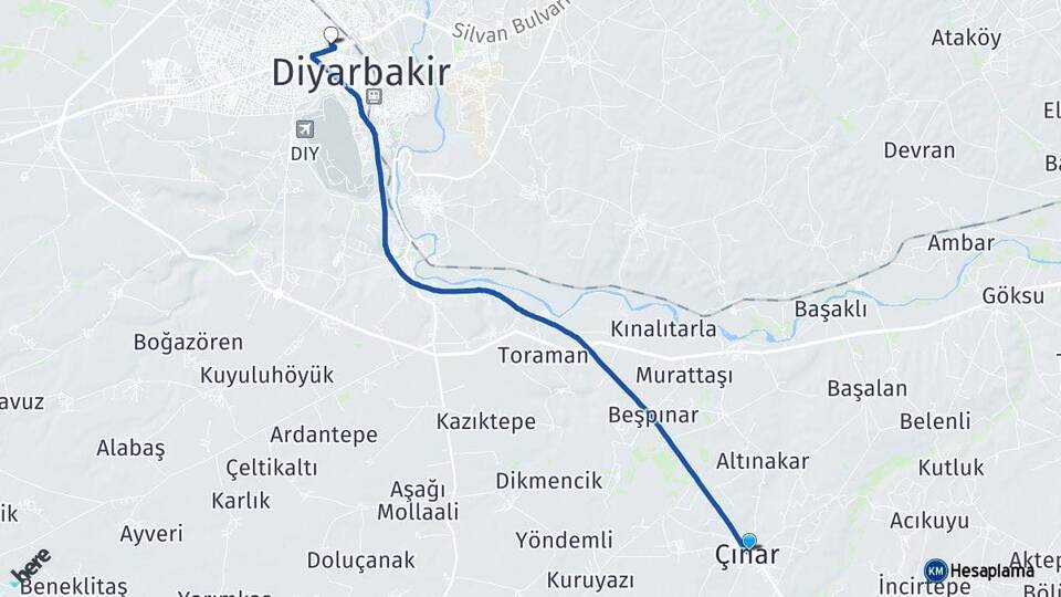 Diyarbakır Çınar Kayapınar Arası Kaç Km - Yol Haritası
