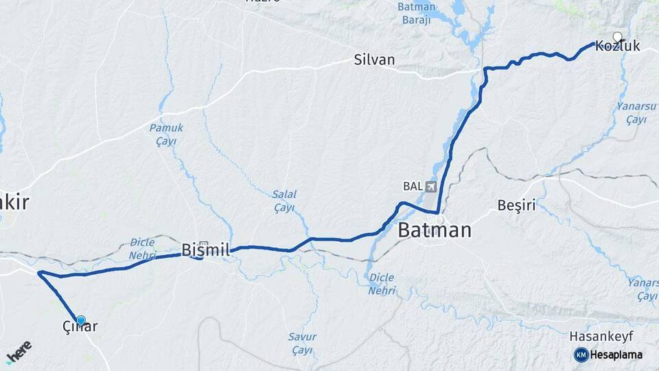 Diyarbakır Çınar Kozluk Batman Arası Kaç Km - Yol Haritası