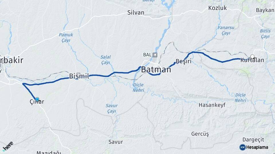 Diyarbakır Çınar Kurtalan Siirt Arası Kaç Km - Yol Haritası