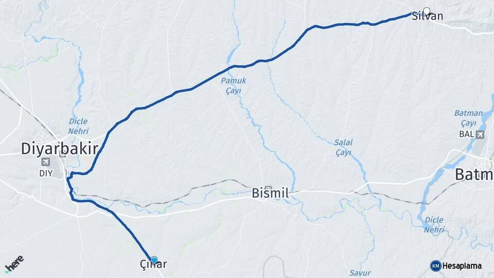 Diyarbakır Çınar Silvan Arası Kaç Km - Yol Haritası
