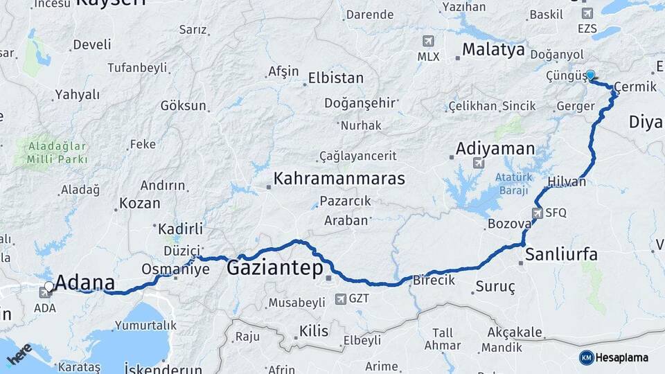 Diyarbakır Çüngüş Adana Arası Kaç Km - Yol Haritası