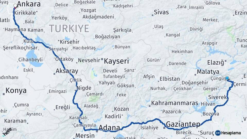Diyarbakır Çüngüş Ankara Arası Kaç Km - Yol Haritası