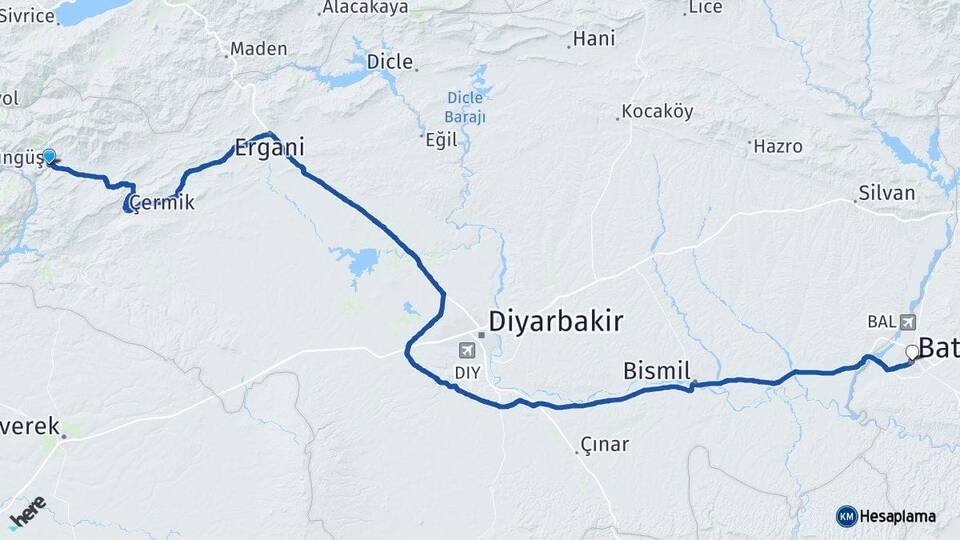 Diyarbakır Çüngüş Batman Arası Kaç Km - Yol Haritası