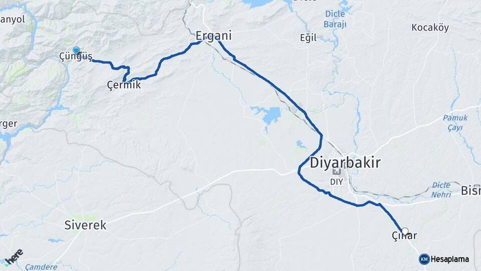 Diyarbakır Çüngüş Çınar Arası Kaç Km - Yol Haritası
