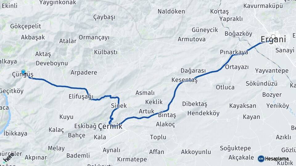 Diyarbakır Çüngüş Ergani Arası Kaç Km - Yol Haritası