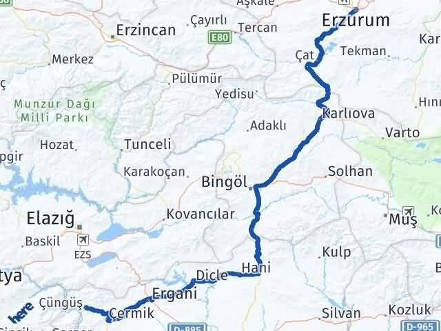 Diyarbakır Çüngüş Erzurum Arası Kaç Km - Yol Haritası