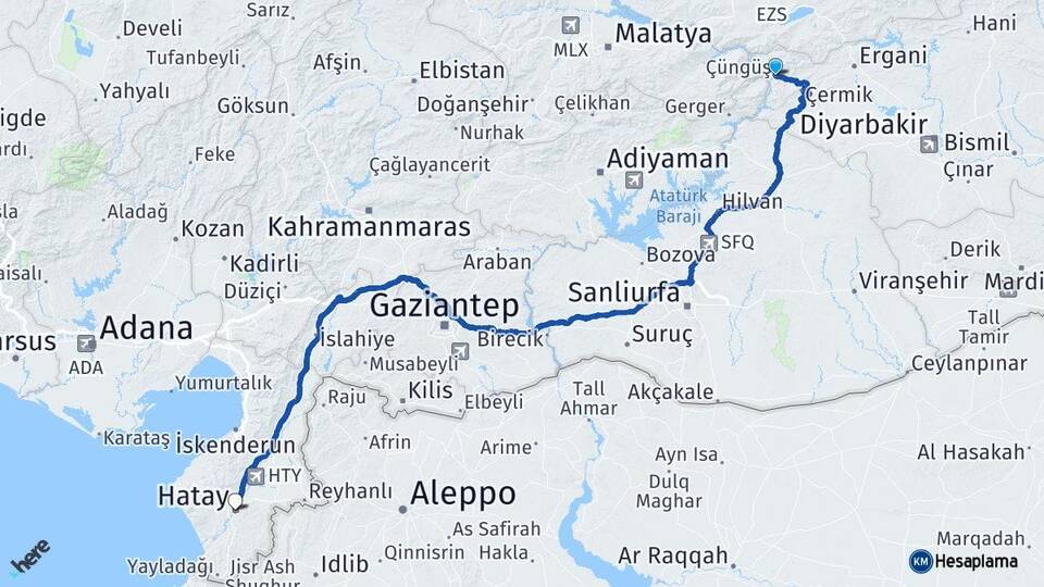 Diyarbakır Çüngüş Hatay Arası Kaç Km - Yol Haritası