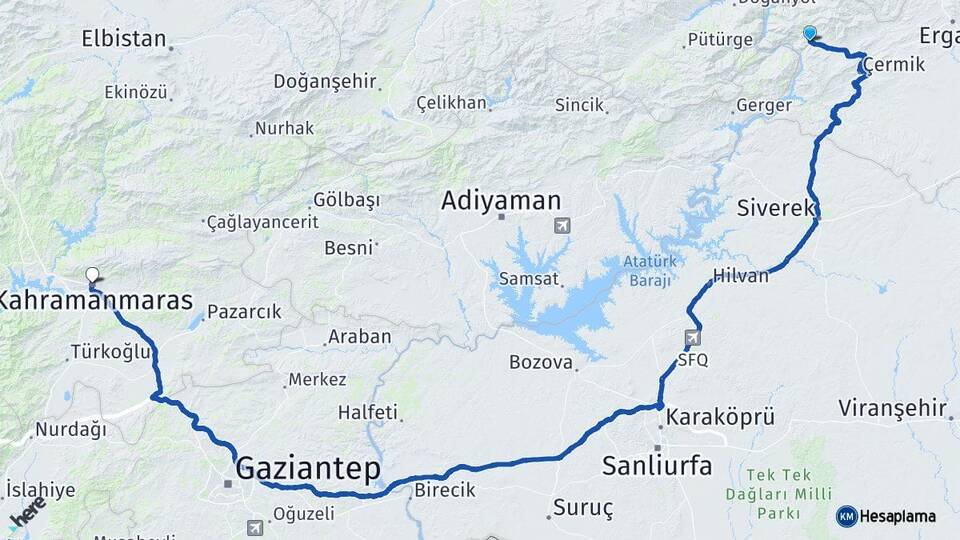 Diyarbakır Çüngüş Kahramanmaraş Arası Kaç Km - Yol Haritası