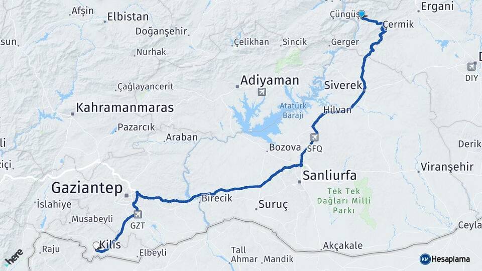 Diyarbakır Çüngüş Kilis Arası Kaç Km - Yol Haritası