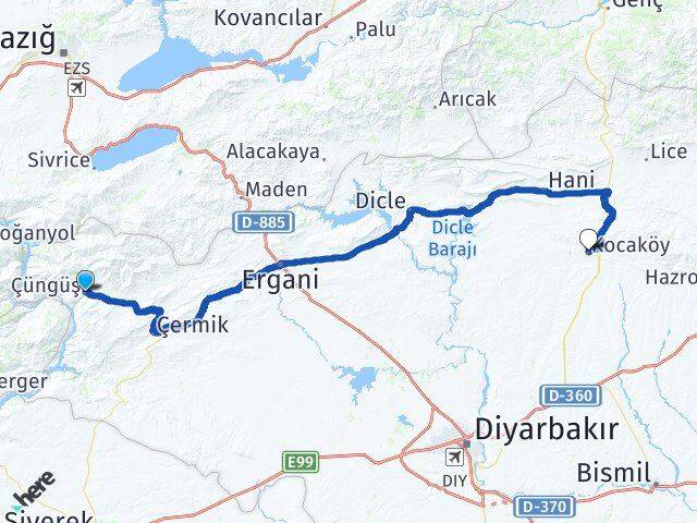 Diyarbakır Çüngüş Kocaköy Arası Kaç Km - Yol Haritası