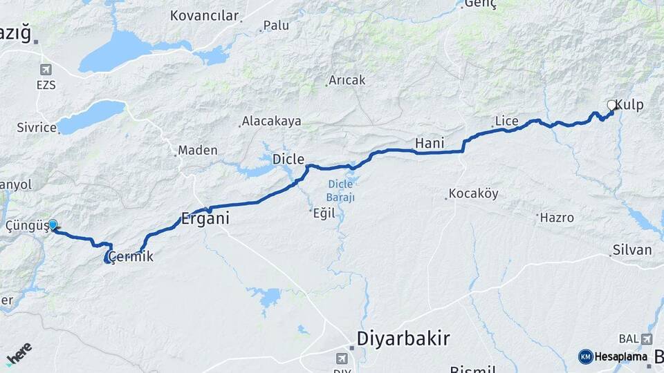 Diyarbakır Çüngüş Kulp Arası Kaç Km - Yol Haritası