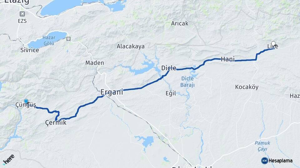 Diyarbakır Çüngüş Lice Arası Kaç Km - Yol Haritası