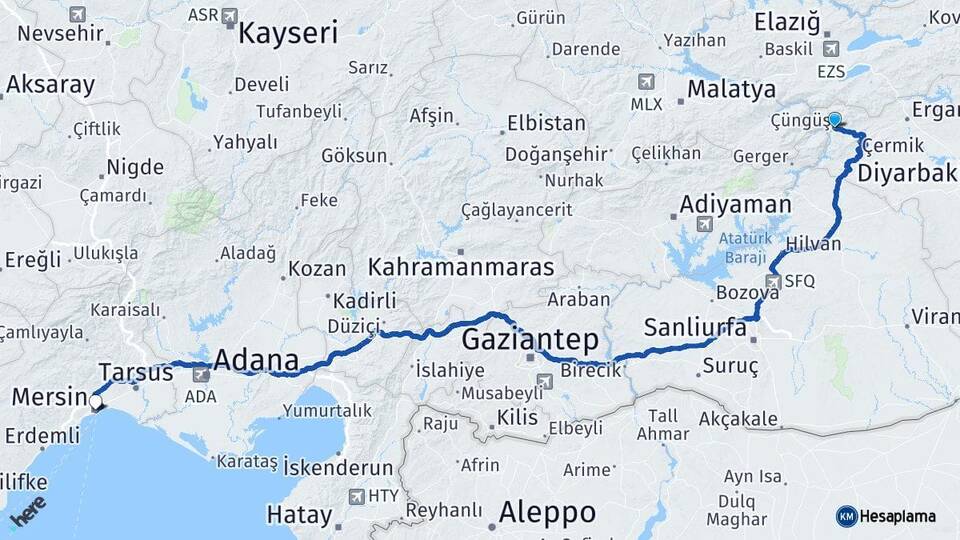 Diyarbakır Çüngüş Mersin Arası Kaç Km - Yol Haritası