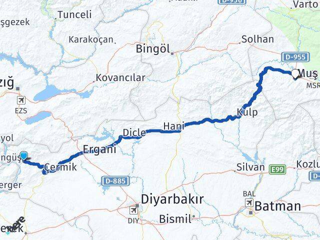 Diyarbakır Çüngüş Muş Arası Kaç Km - Yol Haritası
