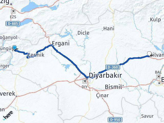 Diyarbakır Çüngüş Silvan Arası Kaç Km - Yol Haritası