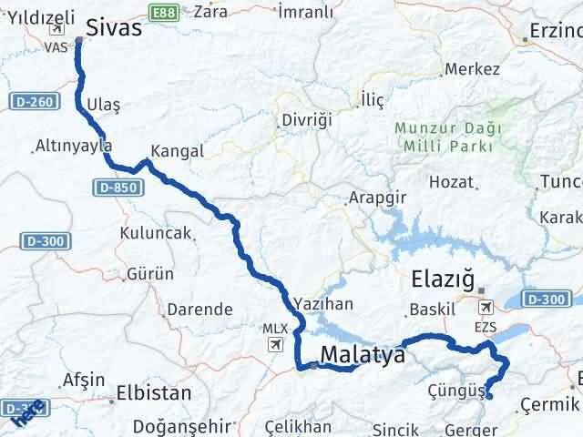 Diyarbakır Çüngüş Sivas Arası Kaç Km - Yol Haritası