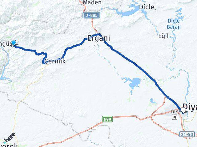 Diyarbakır Çüngüş Yenişehir Arası Kaç Km - Yol Haritası