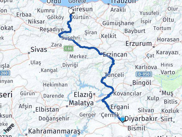 Diyarbakır Dereli Giresun Arası Kaç Km - Yol Haritası