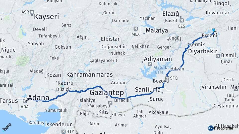 Diyarbakır Dicle Adana Arası Kaç Km - Yol Haritası