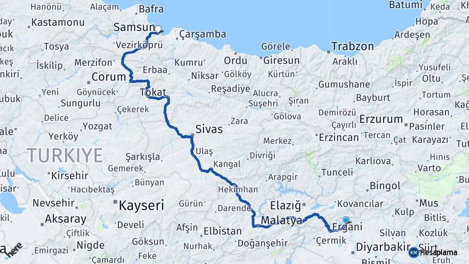 Diyarbakır Dicle Samsun Arası Kaç Km - Yol Haritası
