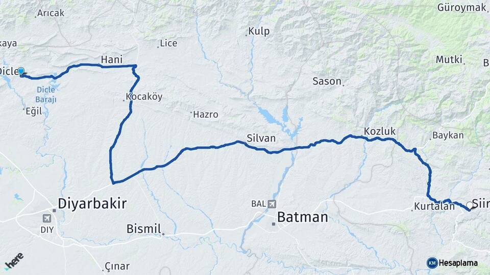 Diyarbakır Dicle Siirt Arası Kaç Km - Yol Haritası
