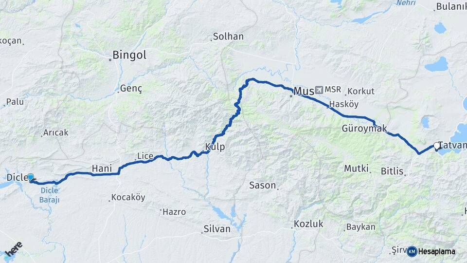 Diyarbakır Dicle Tatvan Bitlis Arası Kaç Km - Yol Haritası