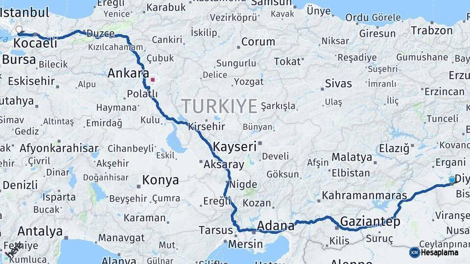 Diyarbakır Dilovası Kocaeli Arası Kaç Km - Yol Haritası
