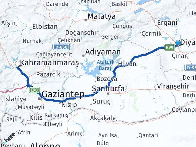 Diyarbakır Dulkadiroğlu Kahramanmaraş Arası Kaç Km - Yol Haritası