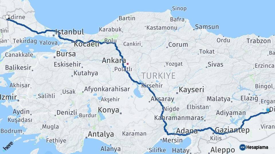 Diyarbakır Edirne Arası Kaç Km - Yol Haritası