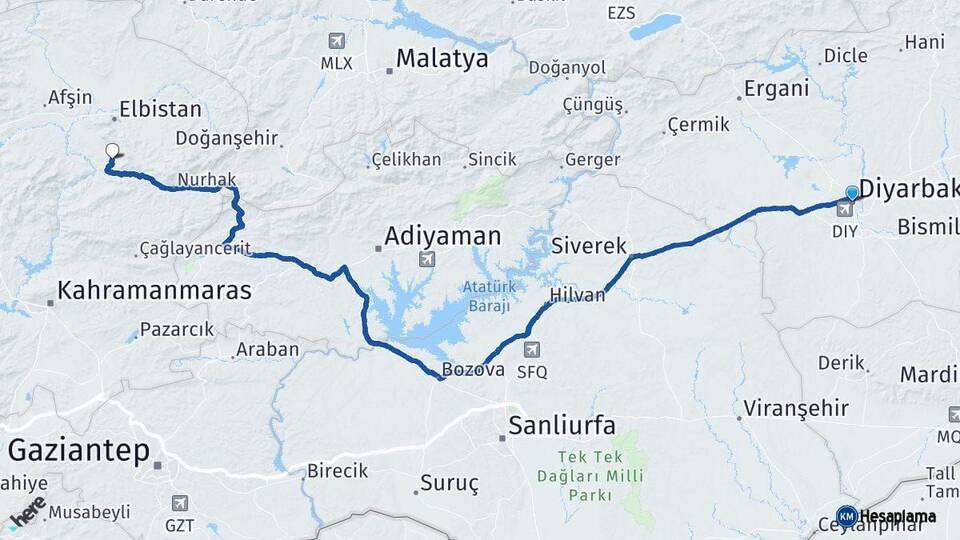 Diyarbakır Ekinözü Kahramanmaraş Arası Kaç Km - Yol Haritası