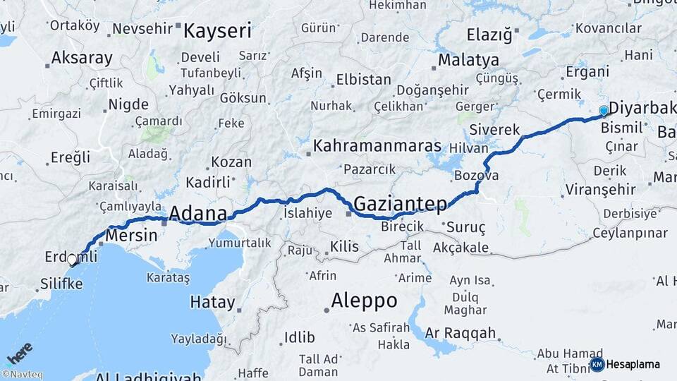 Diyarbakır Erdemli Mersin Arası Kaç Km - Yol Haritası