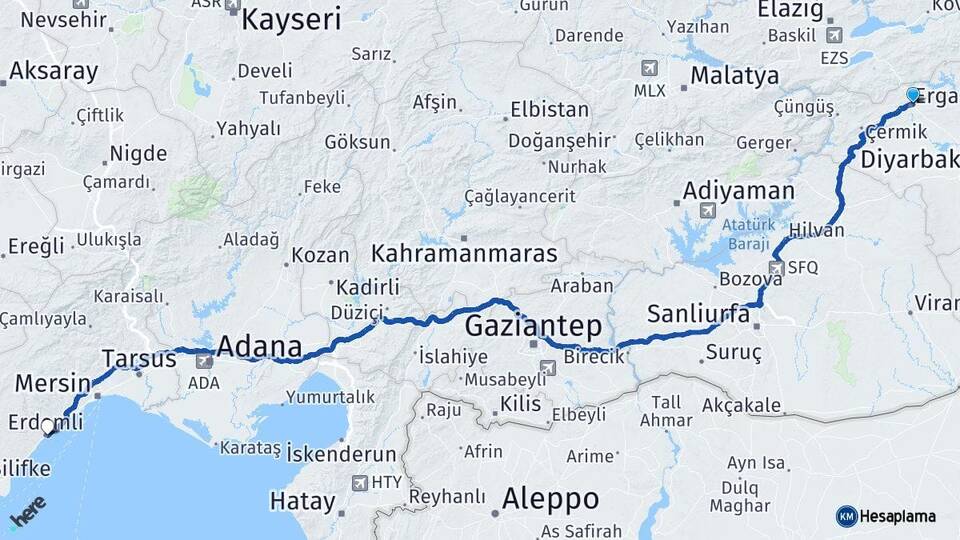 Diyarbakır Ergani Erdemli Mersin Arası Kaç Km - Yol Haritası