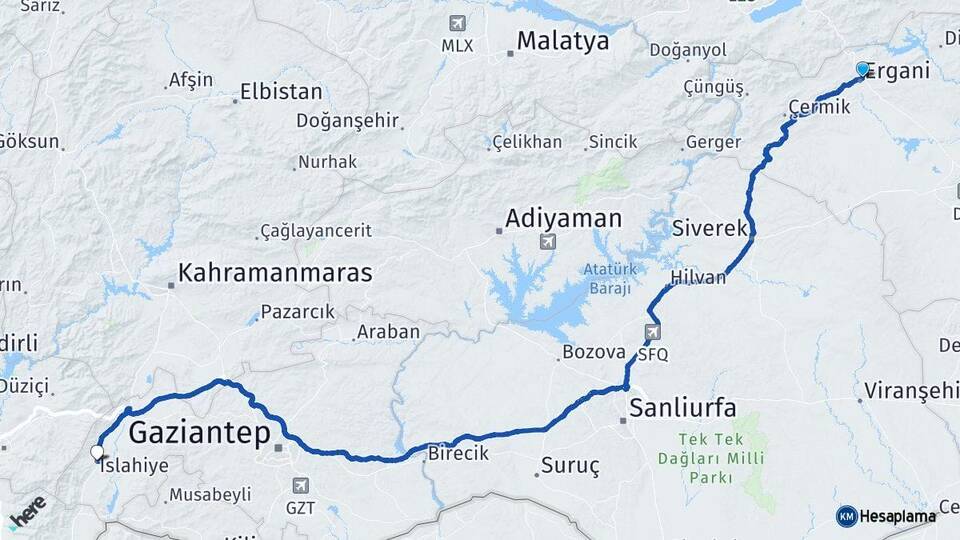 Diyarbakır Ergani İslahiye Gaziantep Arası Kaç Km - Yol Haritası