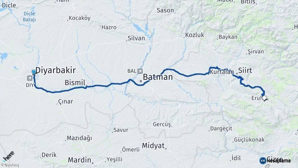 Diyarbakır Eruh Siirt Arası Kaç Km - Yol Haritası