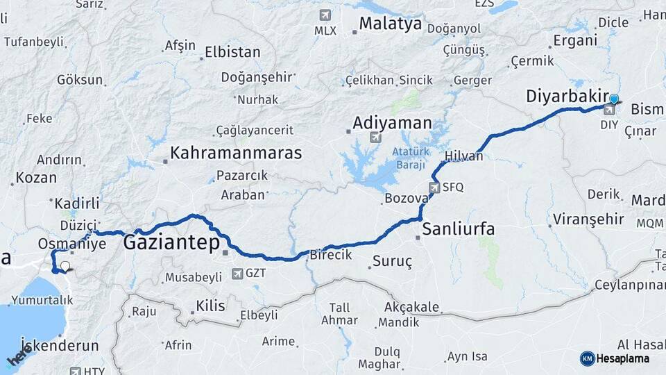 Diyarbakır Erzin Hatay Arası Kaç Km - Yol Haritası