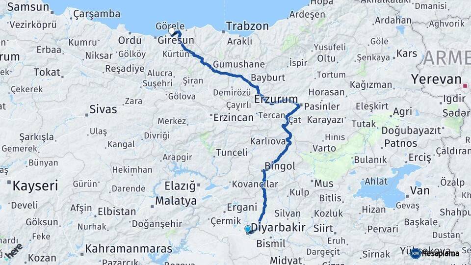 Diyarbakır Espiye Giresun Arası Kaç Km - Yol Haritası