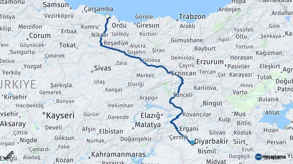 Diyarbakır Fatsa Ordu Arası Kaç Km - Yol Haritası