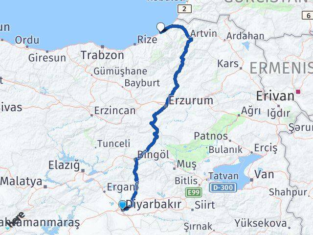 Diyarbakır Fındıklı Rize Arası Kaç Km - Yol Haritası