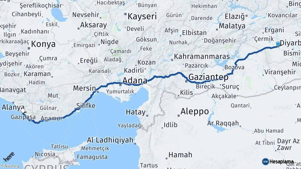Diyarbakır Gazipaşa Antalya Arası Kaç Km - Yol Haritası