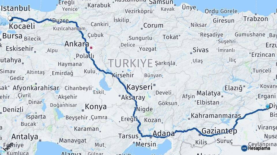Diyarbakır Gebze Kocaeli Arası Kaç Km - Yol Haritası